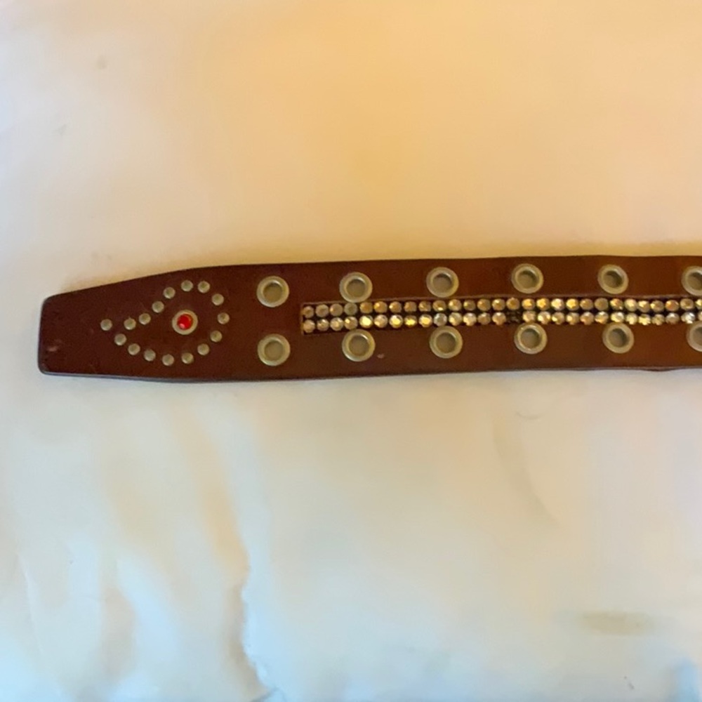 Barneys New York Brown Leather Belt with Red and Silver rhinestone Accents - Picture 4 of 8